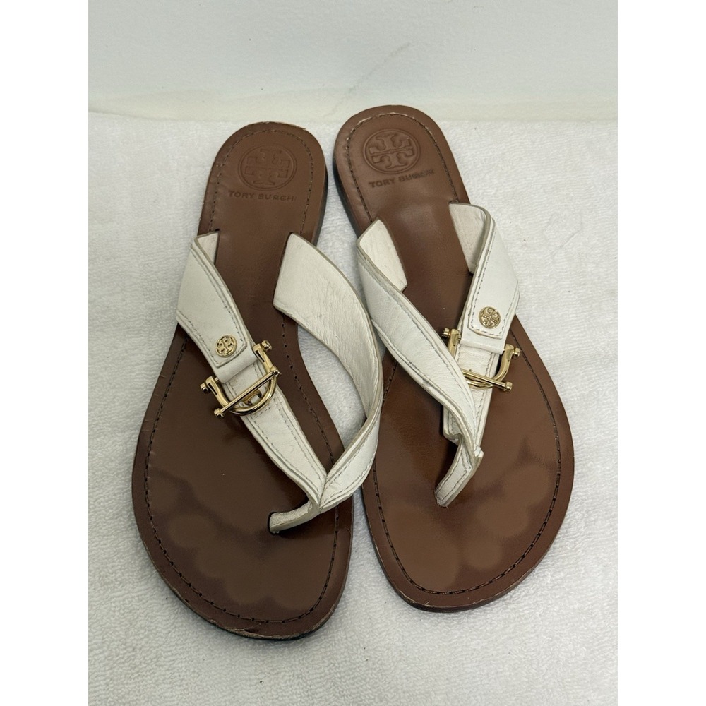 Tory Burch White Thong Sandals Gold Horseshoe Buckle 10M